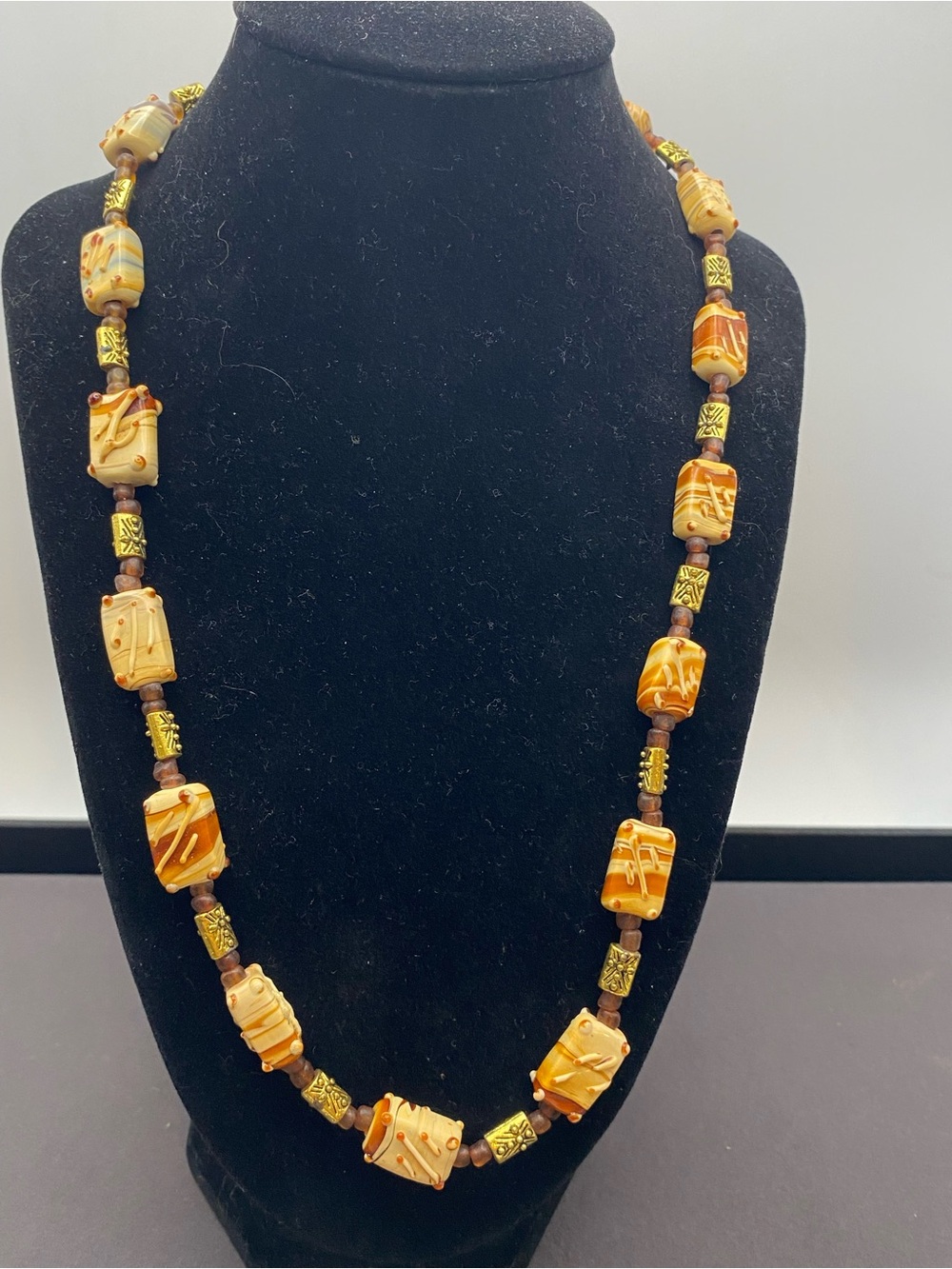 Handcrafted Amber-Tone Glass Bead Necklace - Women Jewelry